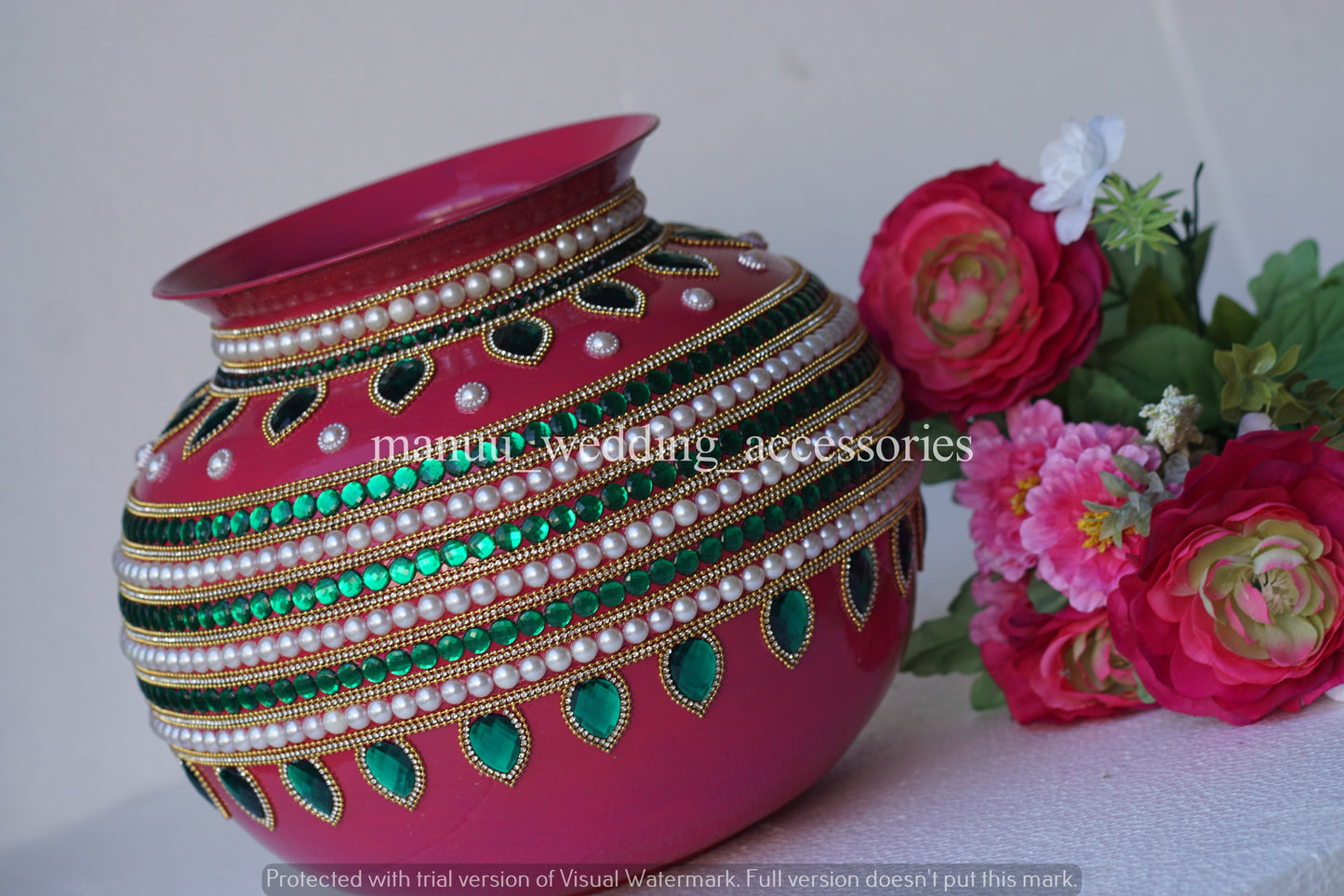 Ungarala Bindey - Half Design -Pink, bottle green, white pearls and stone and ball chain